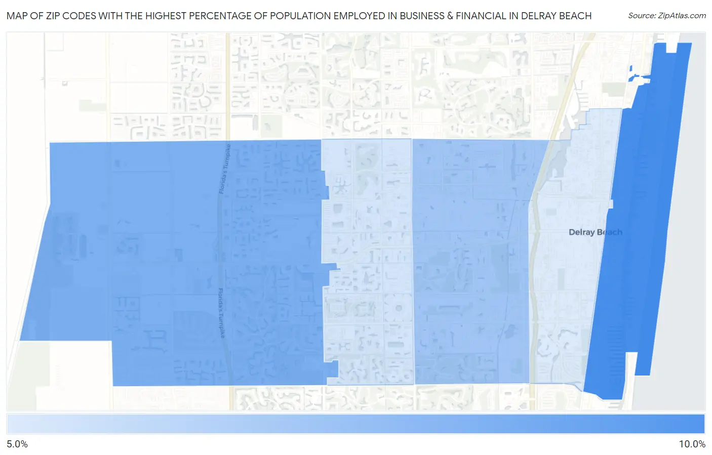 Zip Codes with the Highest Percentage of Population Employed in Business & Financial in Delray Beach Map