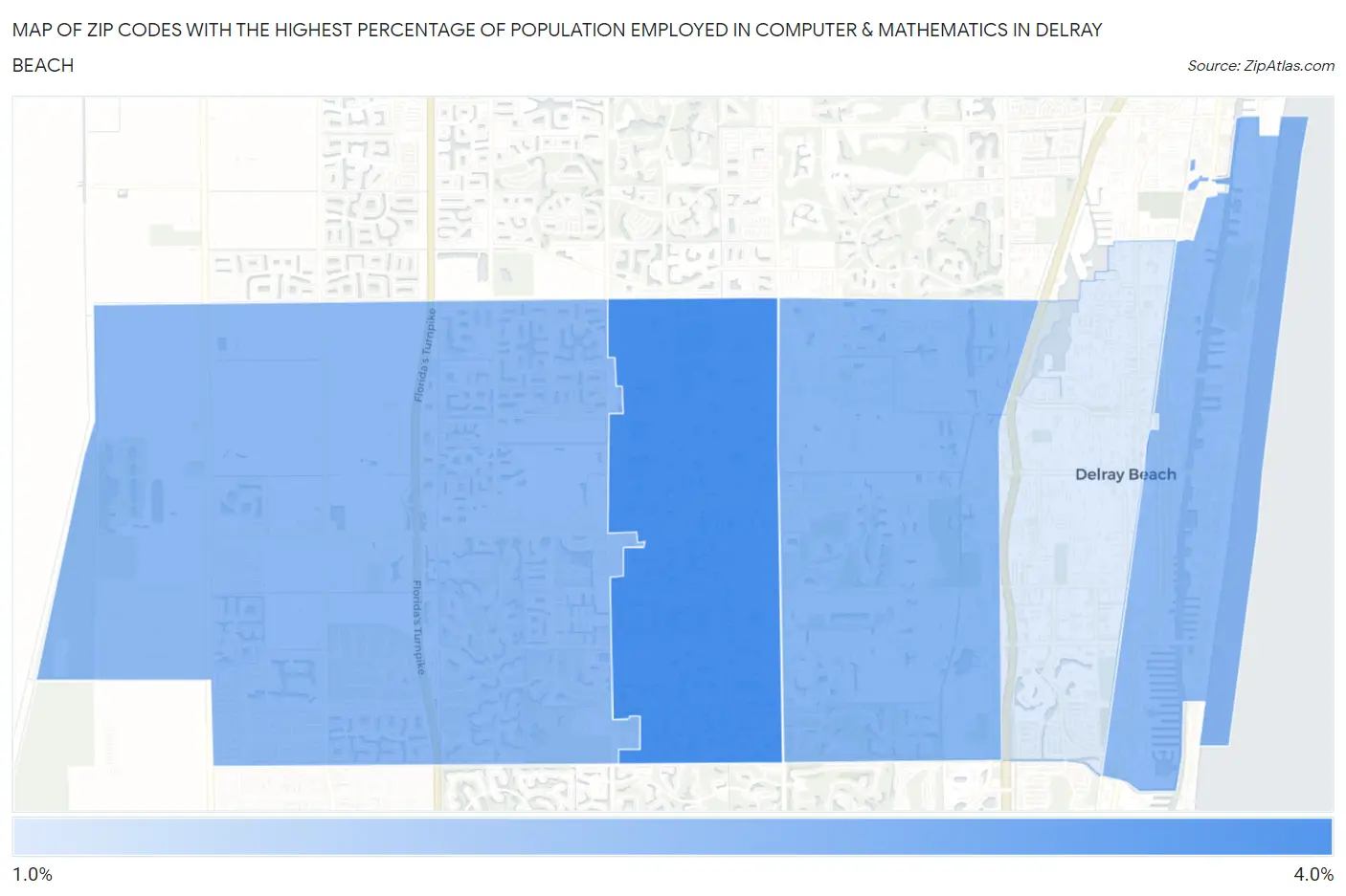 Zip Codes with the Highest Percentage of Population Employed in Computer & Mathematics in Delray Beach Map