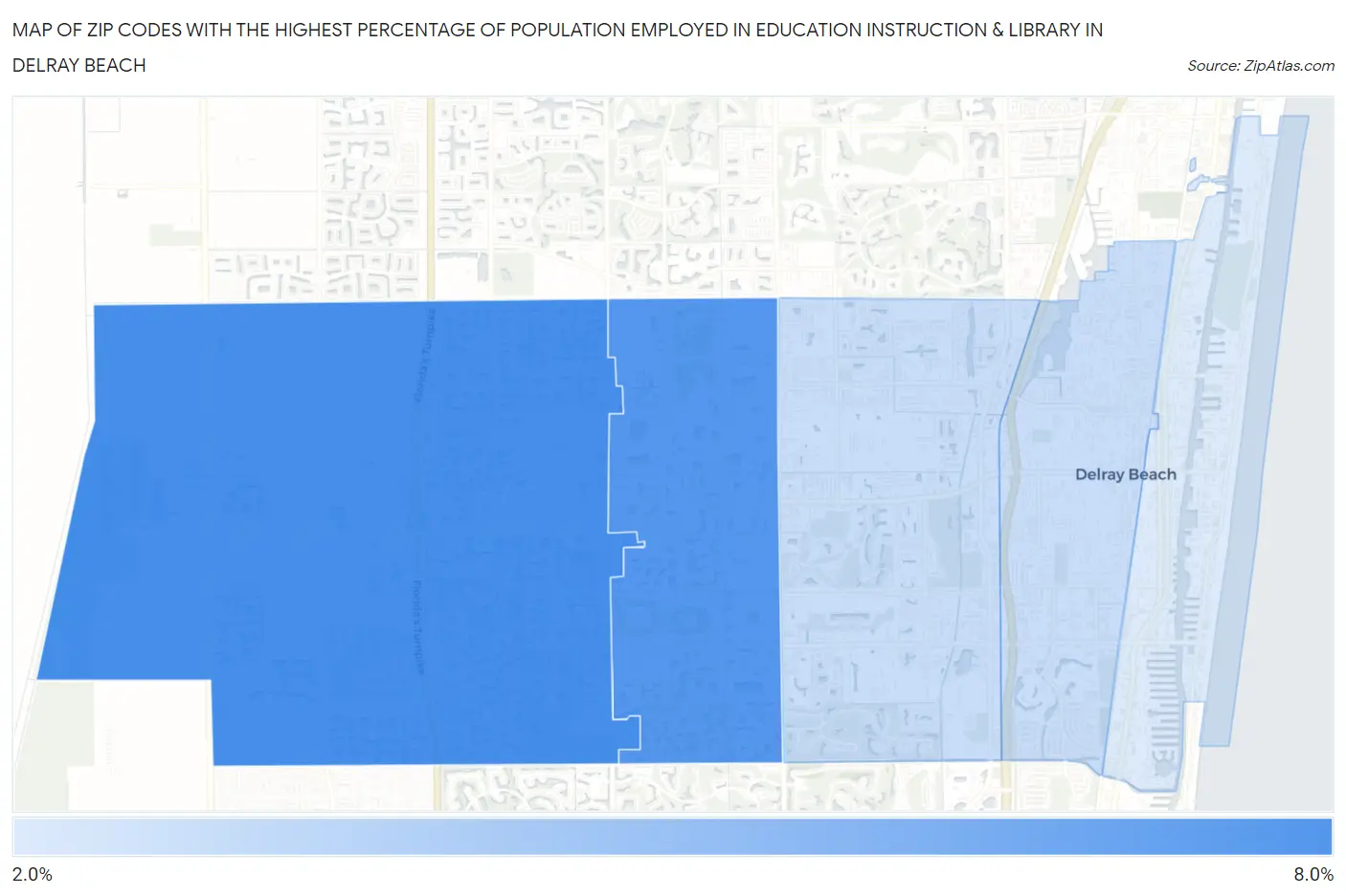 Zip Codes with the Highest Percentage of Population Employed in Education Instruction & Library in Delray Beach Map
