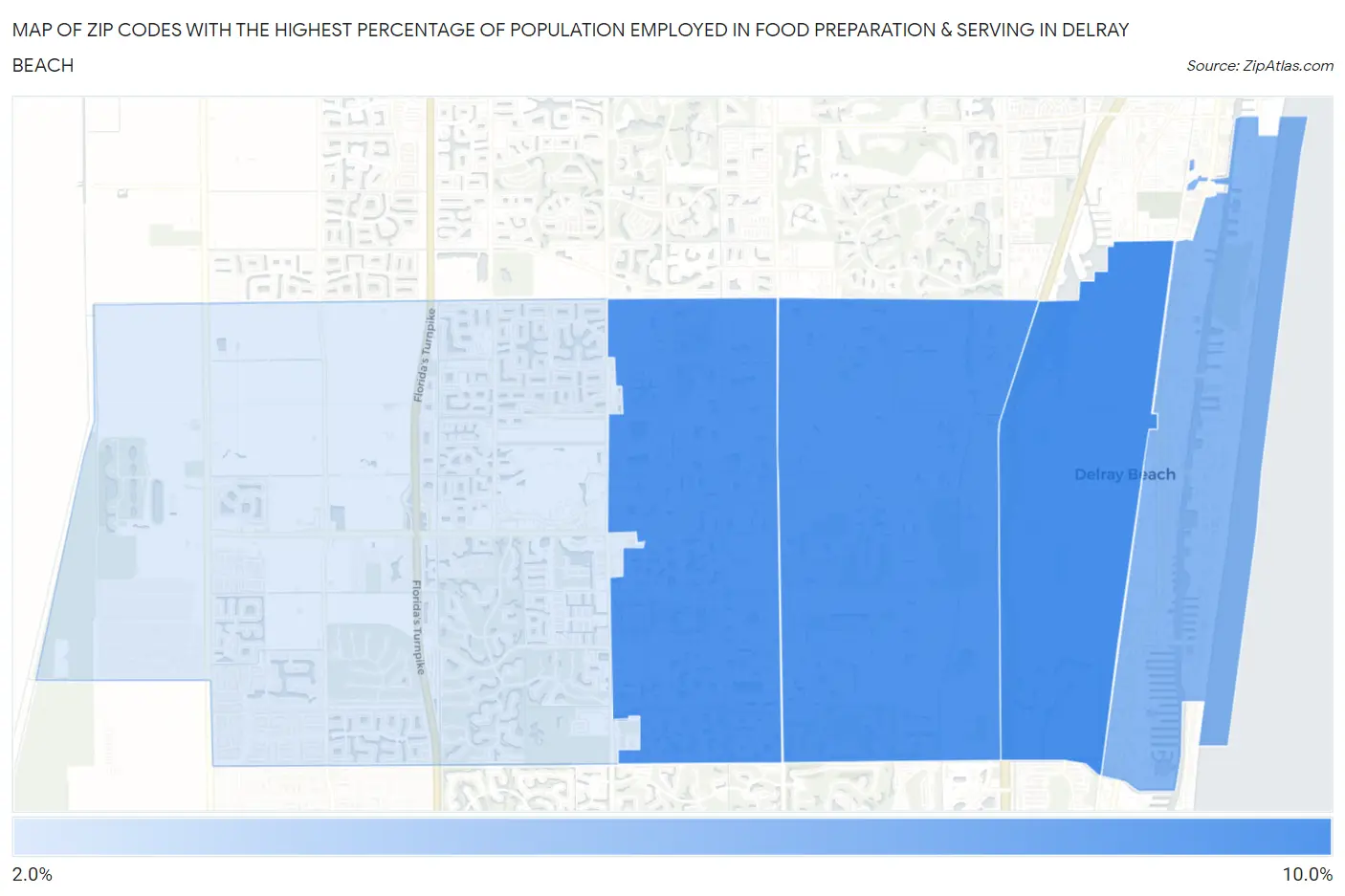 Zip Codes with the Highest Percentage of Population Employed in Food Preparation & Serving in Delray Beach Map