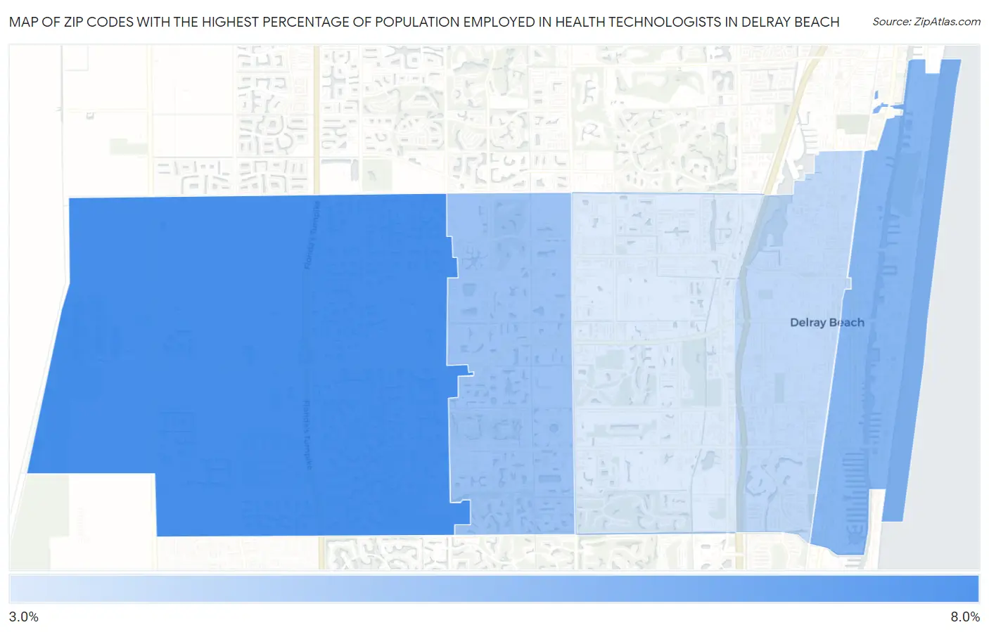 Zip Codes with the Highest Percentage of Population Employed in Health Technologists in Delray Beach Map