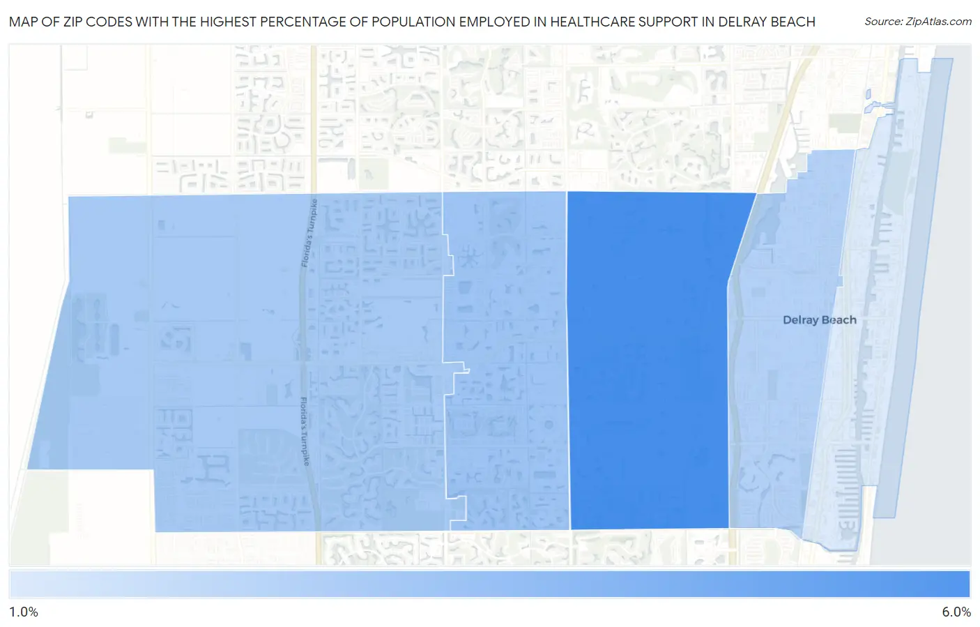 Zip Codes with the Highest Percentage of Population Employed in Healthcare Support in Delray Beach Map