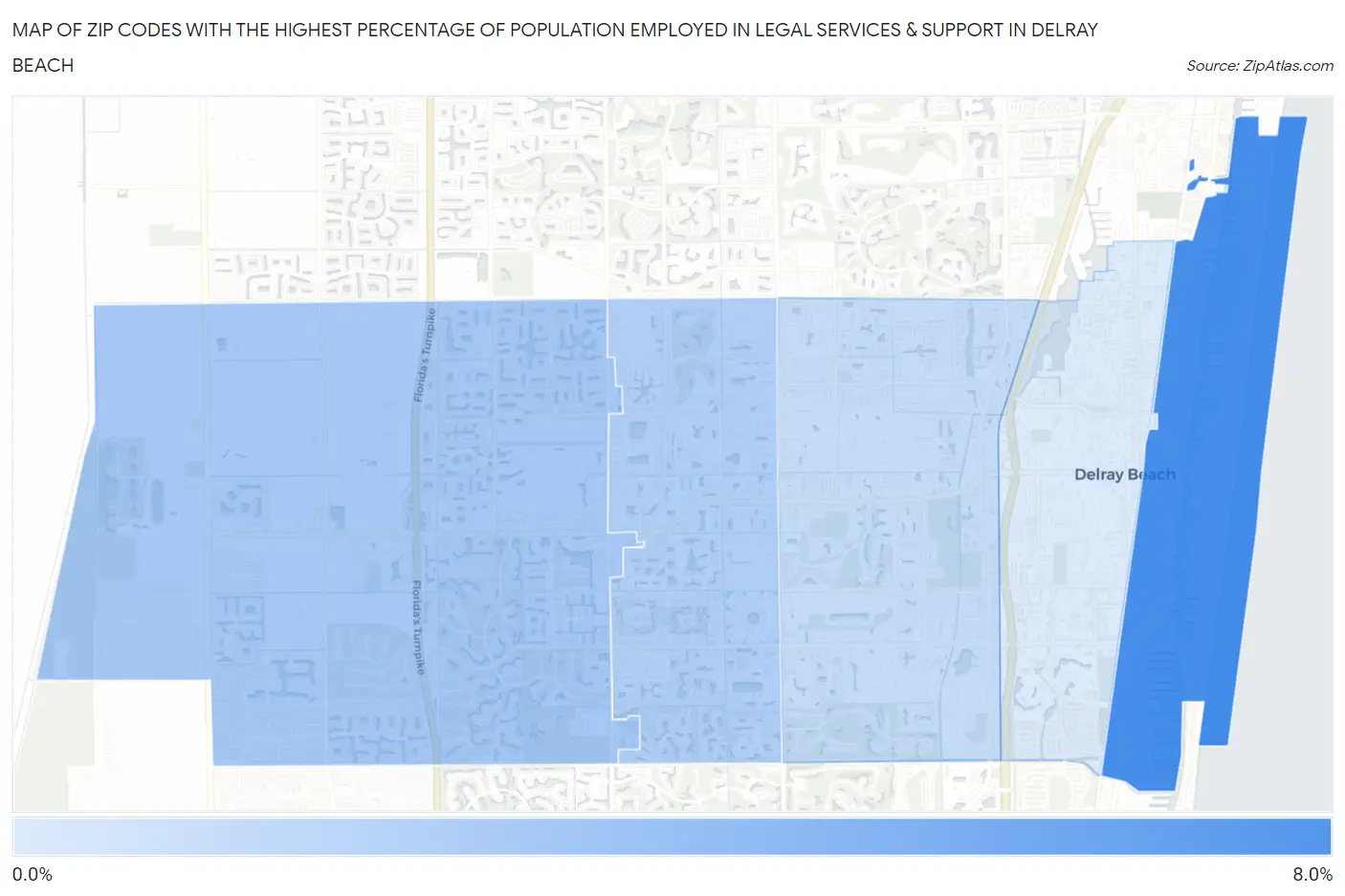 Zip Codes with the Highest Percentage of Population Employed in Legal Services & Support in Delray Beach Map