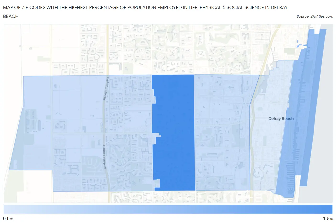 Zip Codes with the Highest Percentage of Population Employed in Life, Physical & Social Science in Delray Beach Map