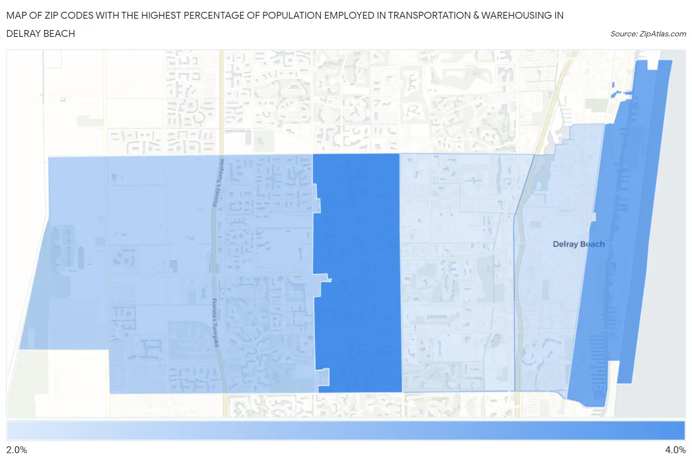 Zip Codes with the Highest Percentage of Population Employed in Transportation & Warehousing in Delray Beach Map