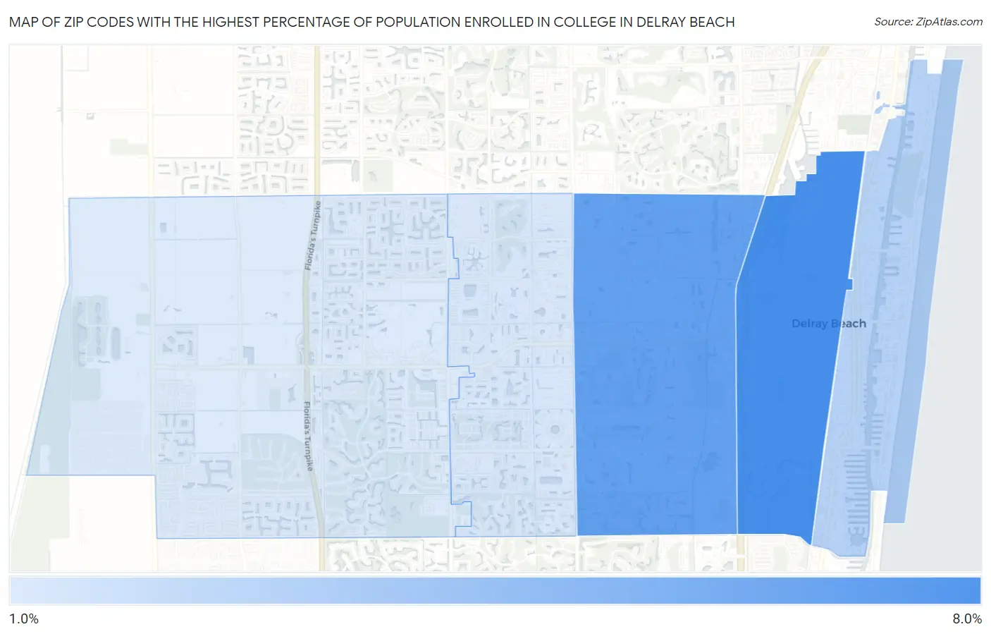 Zip Codes with the Highest Percentage of Population Enrolled in College in Delray Beach Map