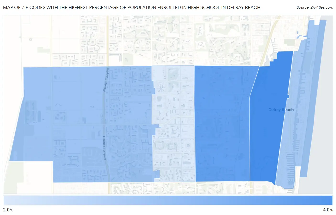 Zip Codes with the Highest Percentage of Population Enrolled in High School in Delray Beach Map