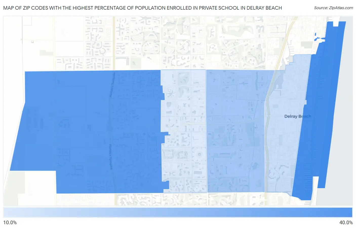 Zip Codes with the Highest Percentage of Population Enrolled in Private School in Delray Beach Map