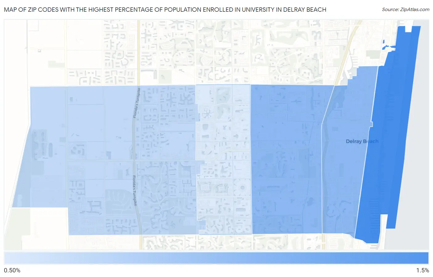 Zip Codes with the Highest Percentage of Population Enrolled in University in Delray Beach Map