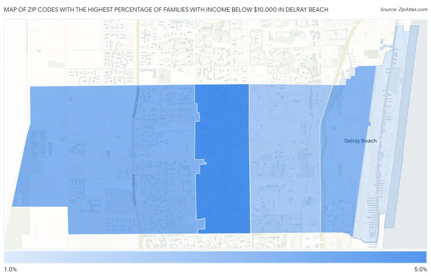 Zip Codes with the Highest Percentage of Families with Income Below $10,000 in Delray Beach Map