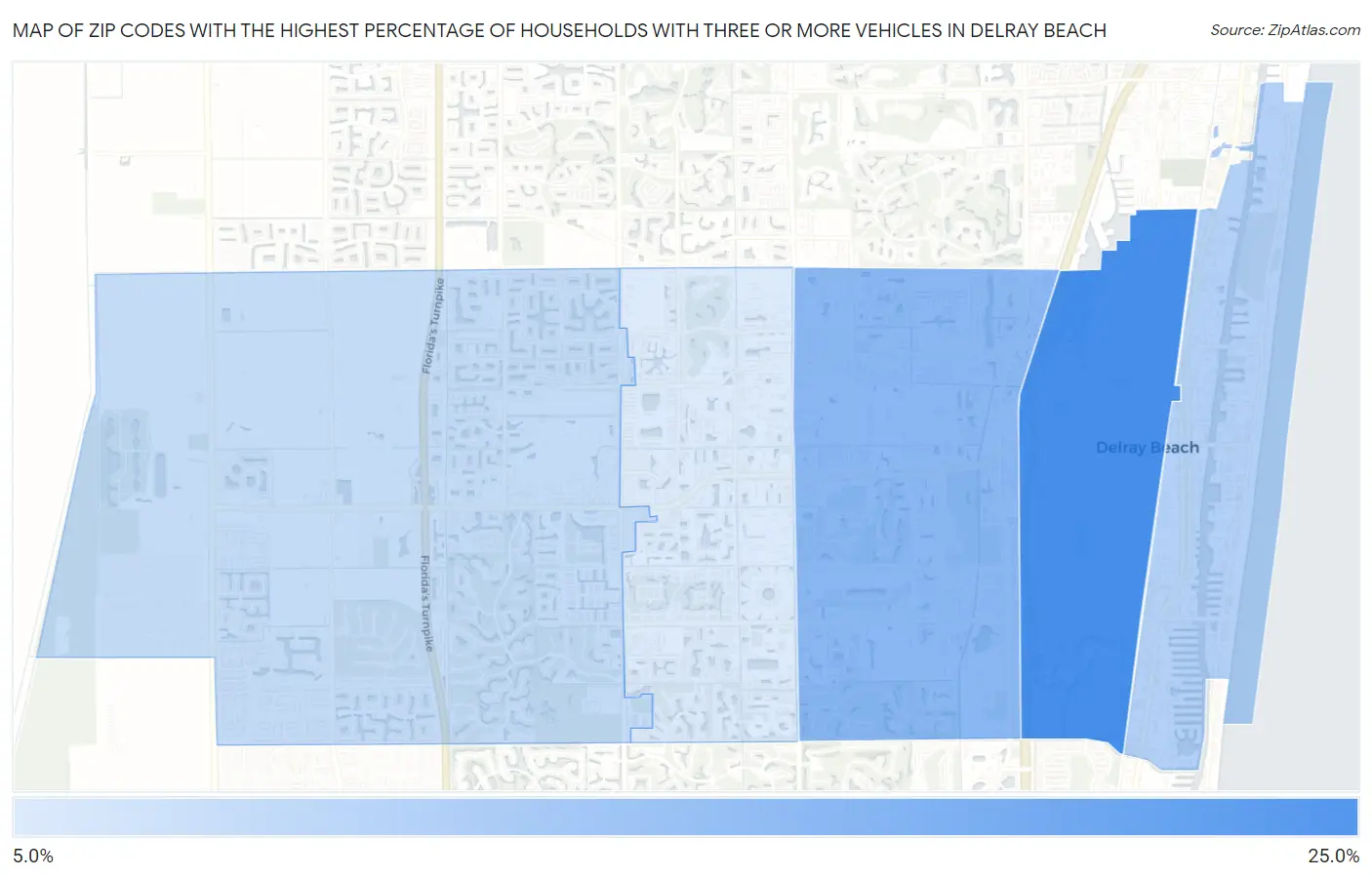 Zip Codes with the Highest Percentage of Households With Three or more Vehicles in Delray Beach Map
