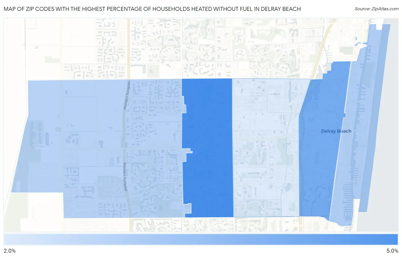 Zip Codes with the Highest Percentage of Households Heated without Fuel in Delray Beach Map