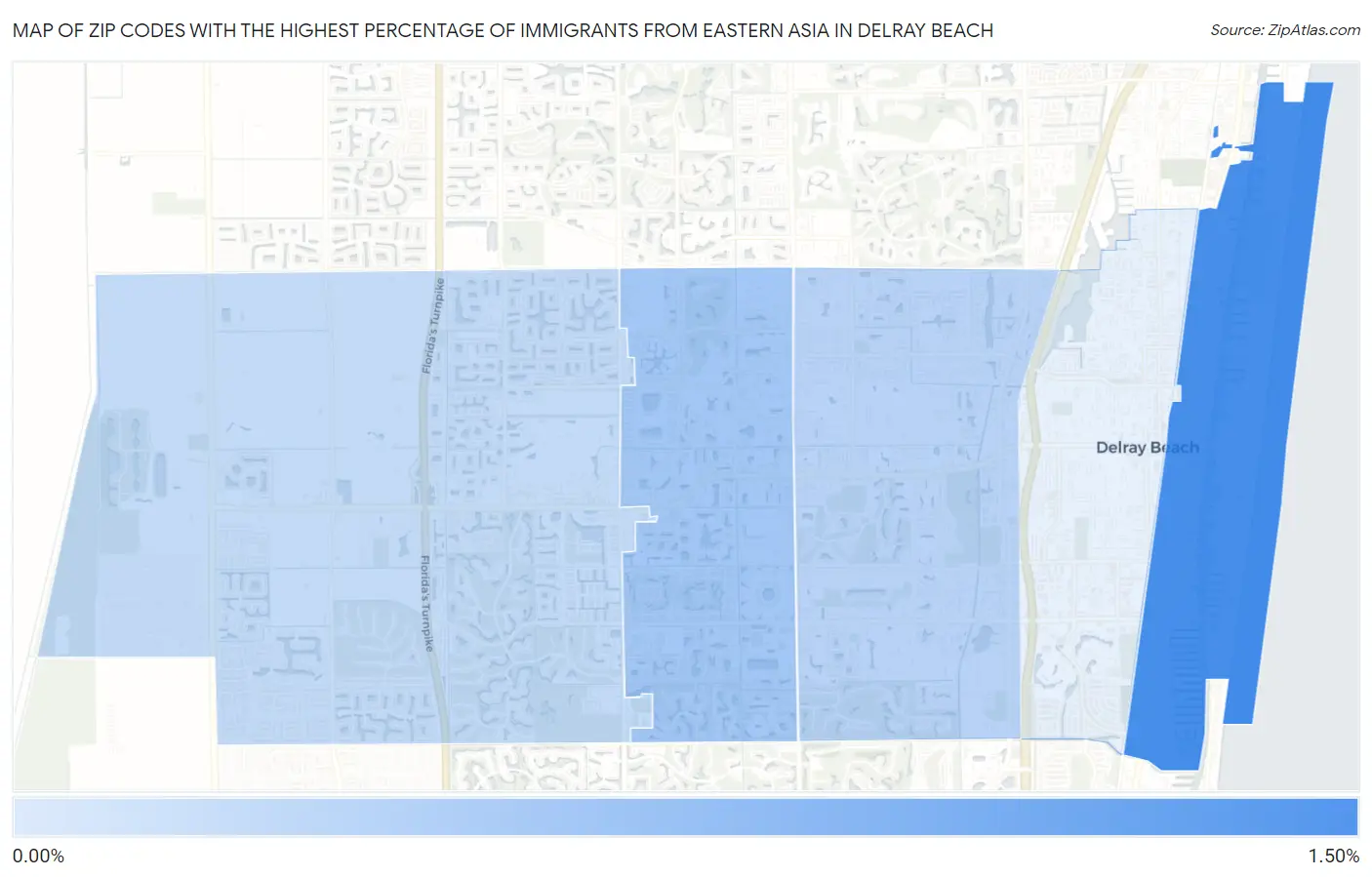 Zip Codes with the Highest Percentage of Immigrants from Eastern Asia in Delray Beach Map