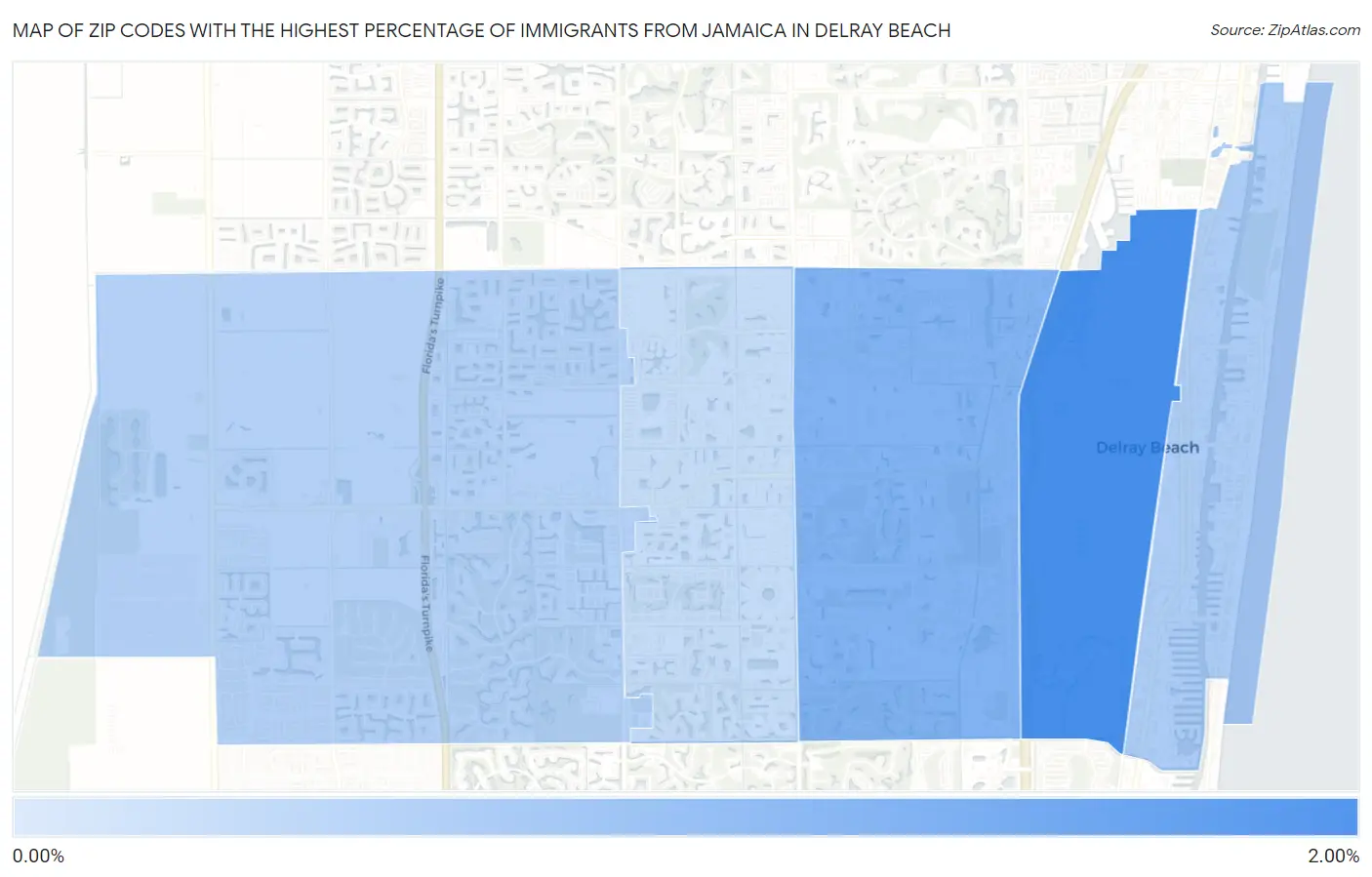 Zip Codes with the Highest Percentage of Immigrants from Jamaica in Delray Beach Map