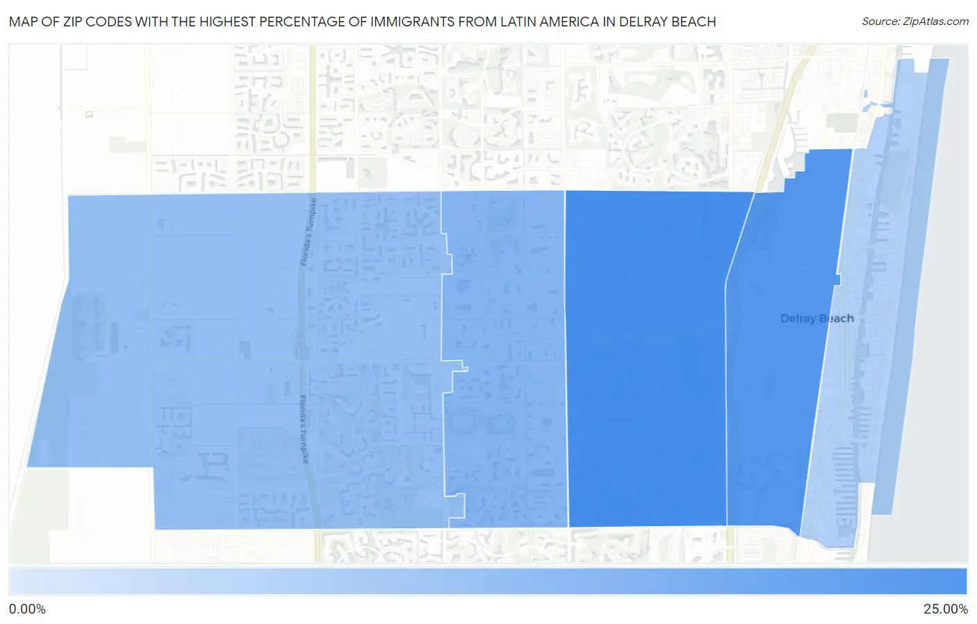Zip Codes with the Highest Percentage of Immigrants from Latin America in Delray Beach Map