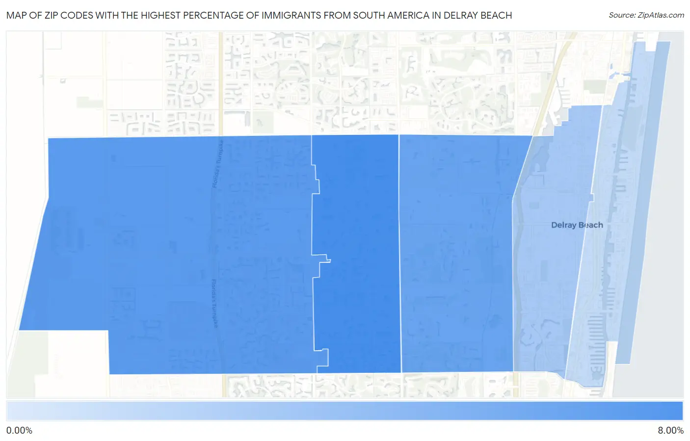 Zip Codes with the Highest Percentage of Immigrants from South America in Delray Beach Map