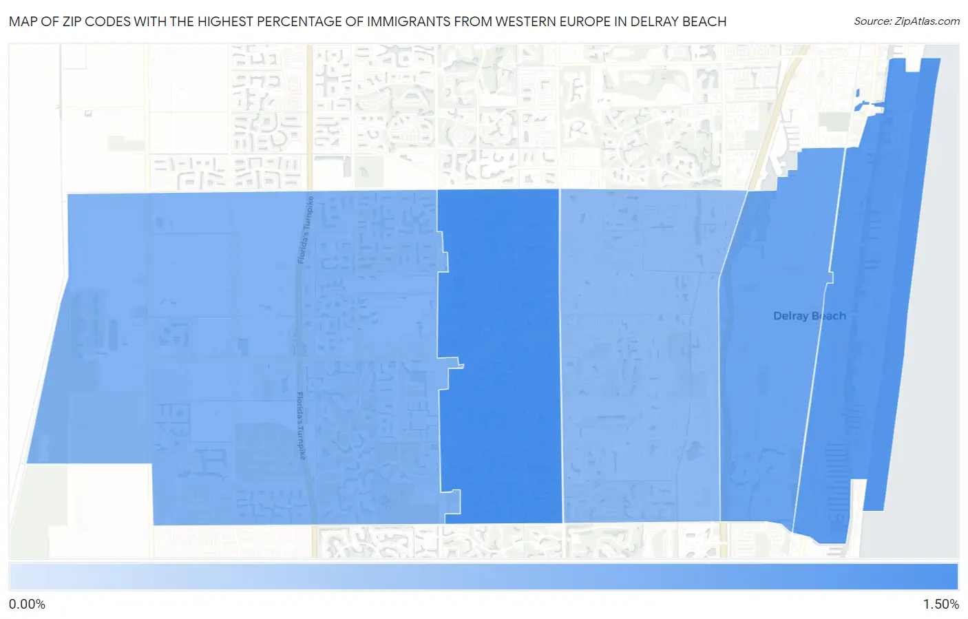 Zip Codes with the Highest Percentage of Immigrants from Western Europe in Delray Beach Map
