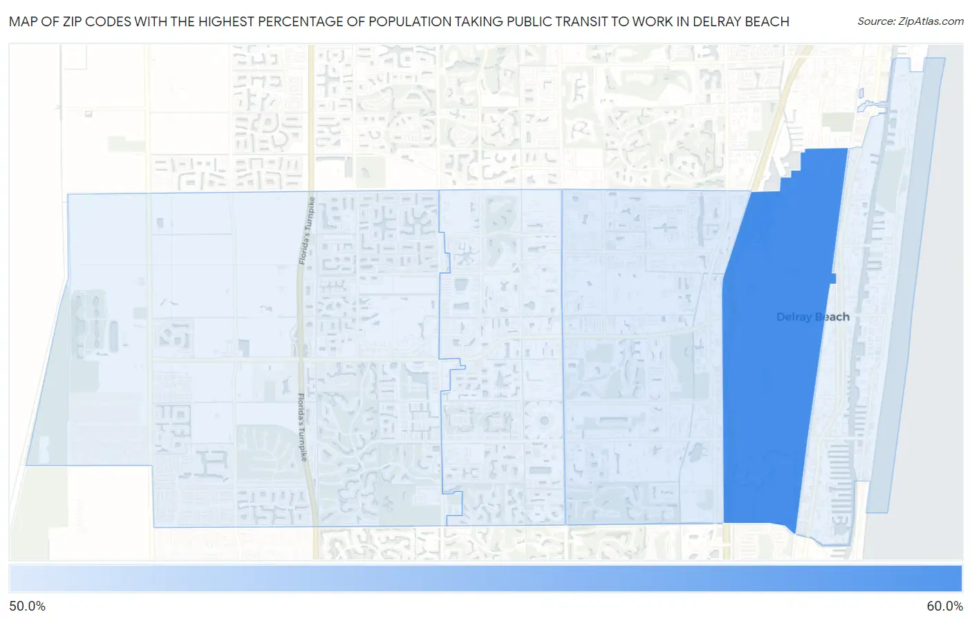 Zip Codes with the Highest Percentage of Population Taking Public Transit to Work in Delray Beach Map