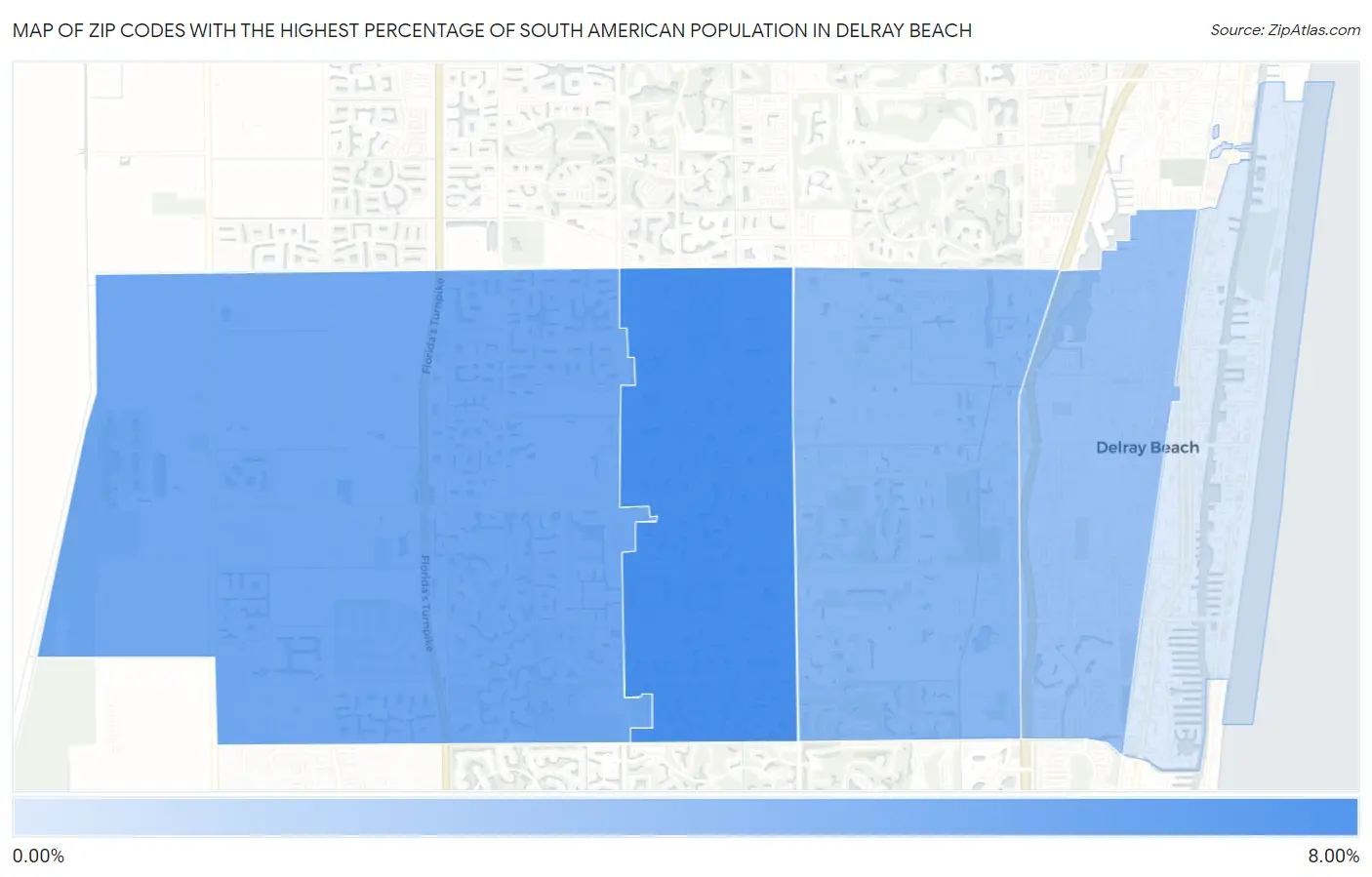 Zip Codes with the Highest Percentage of South American Population in Delray Beach Map