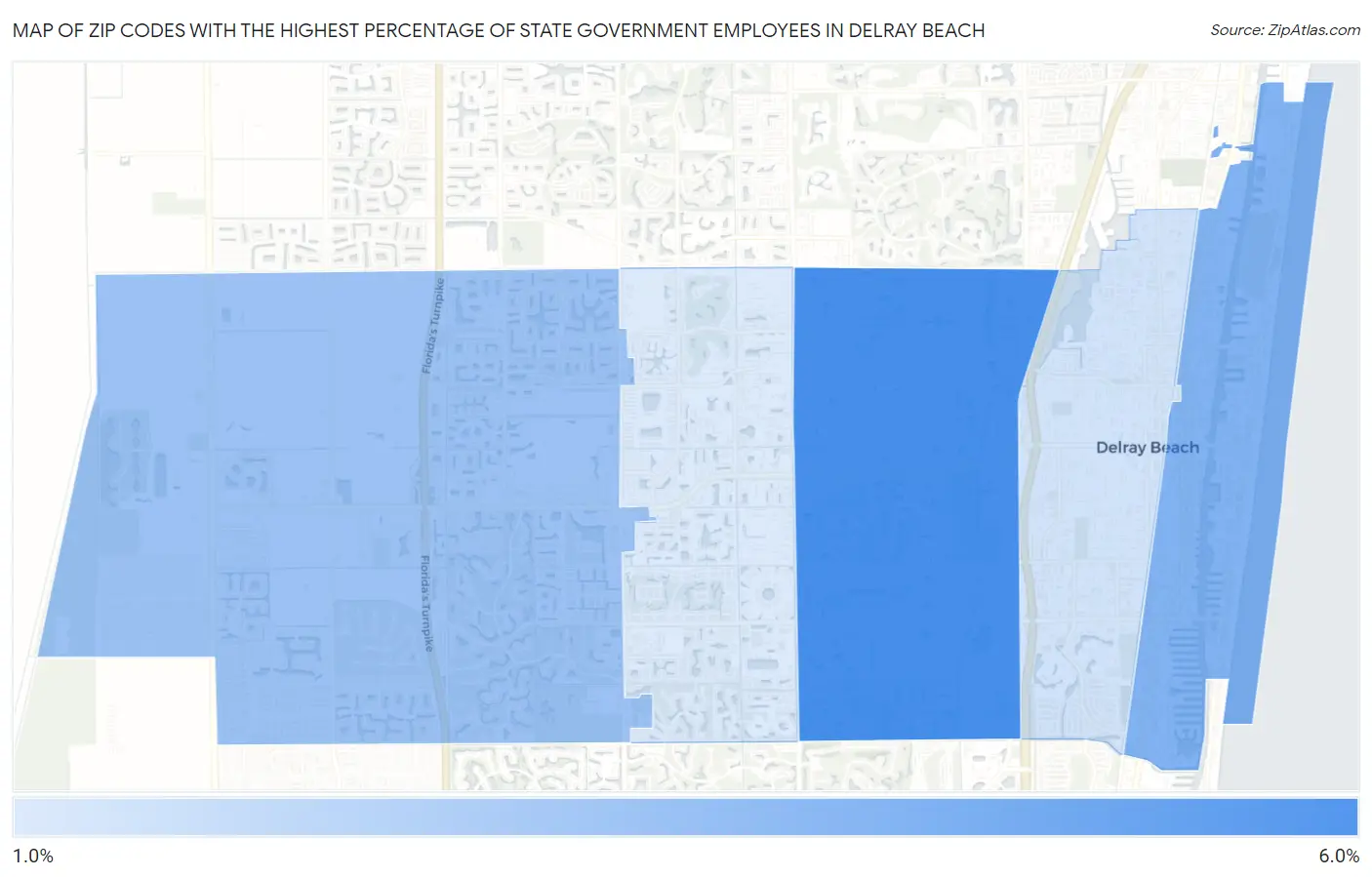 Zip Codes with the Highest Percentage of State Government Employees in Delray Beach Map