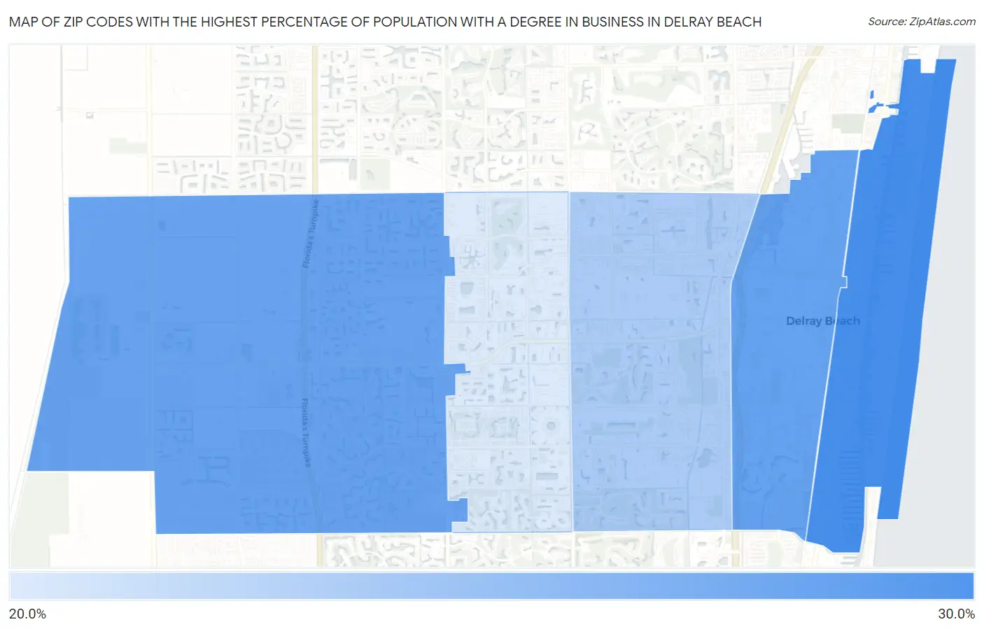 Zip Codes with the Highest Percentage of Population with a Degree in Business in Delray Beach Map