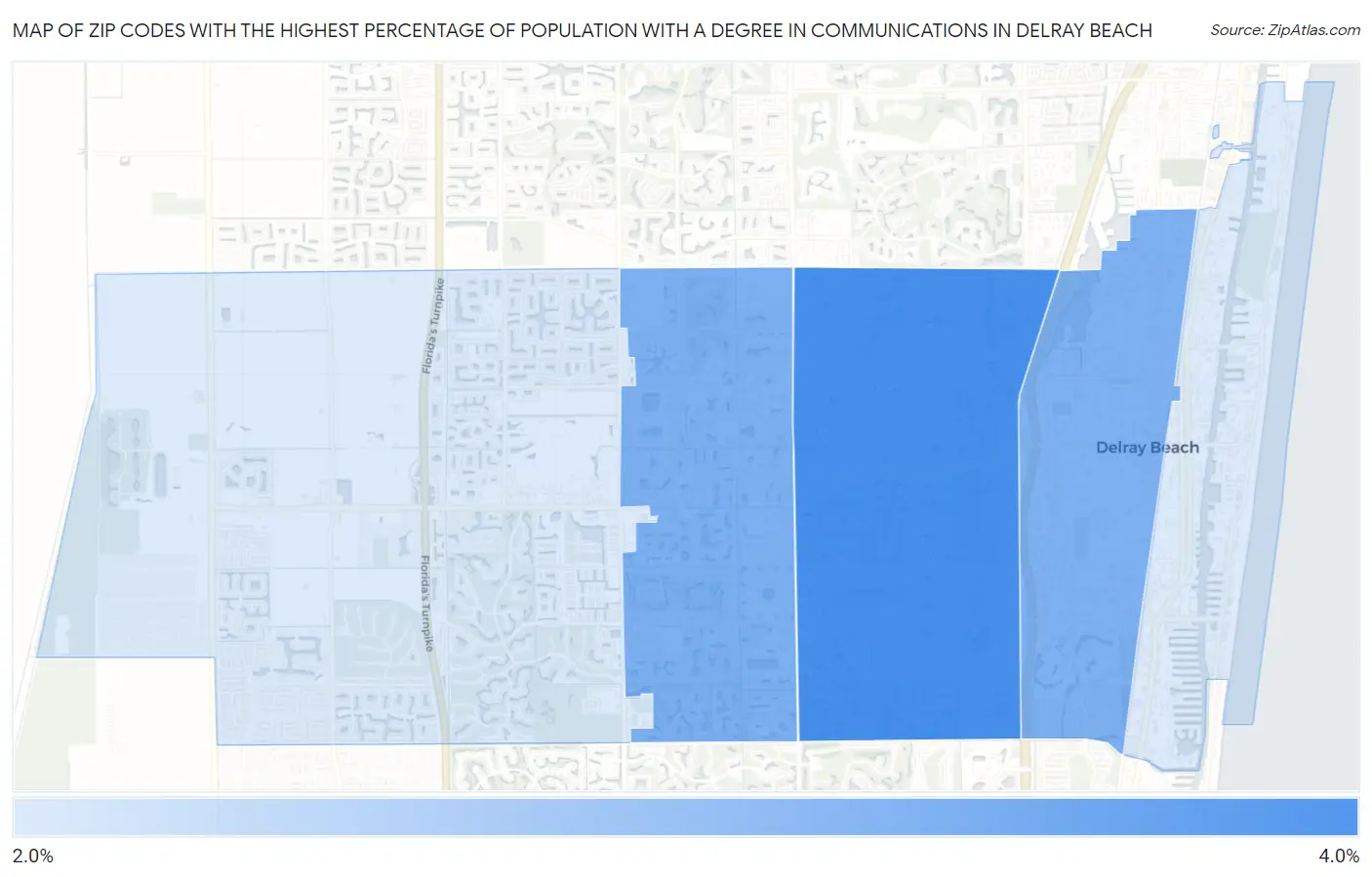 Zip Codes with the Highest Percentage of Population with a Degree in Communications in Delray Beach Map