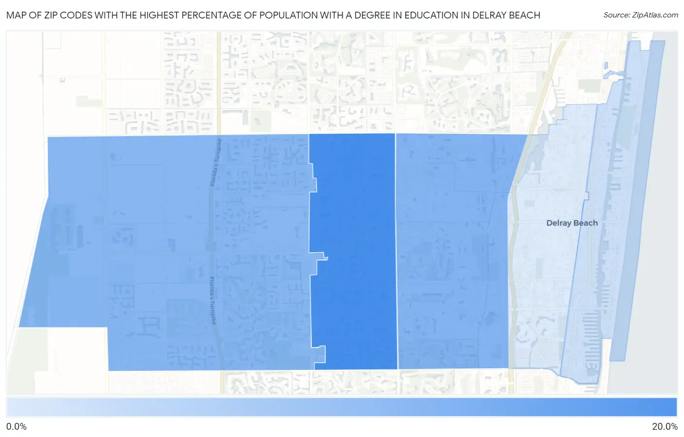 Zip Codes with the Highest Percentage of Population with a Degree in Education in Delray Beach Map