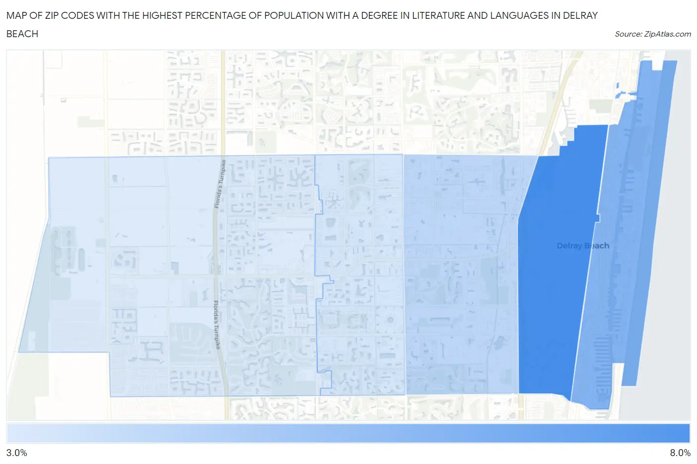 Zip Codes with the Highest Percentage of Population with a Degree in Literature and Languages in Delray Beach Map
