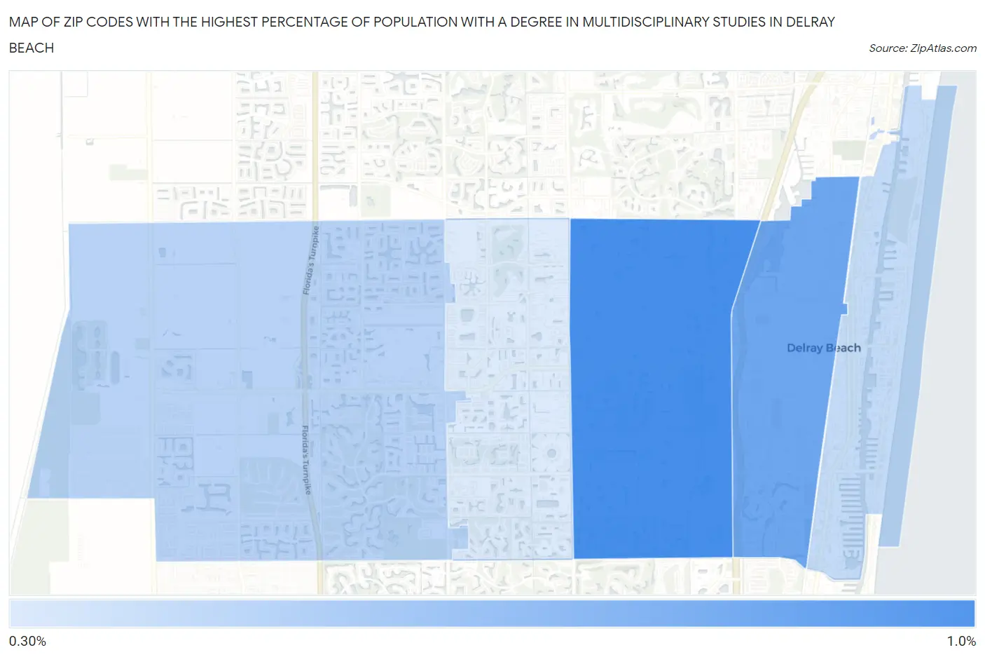 Zip Codes with the Highest Percentage of Population with a Degree in Multidisciplinary Studies in Delray Beach Map