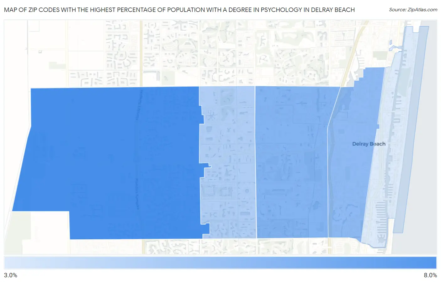 Zip Codes with the Highest Percentage of Population with a Degree in Psychology in Delray Beach Map