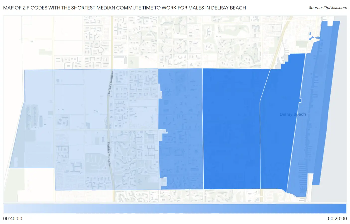Zip Codes with the Shortest Median Commute Time to Work for Males in Delray Beach Map