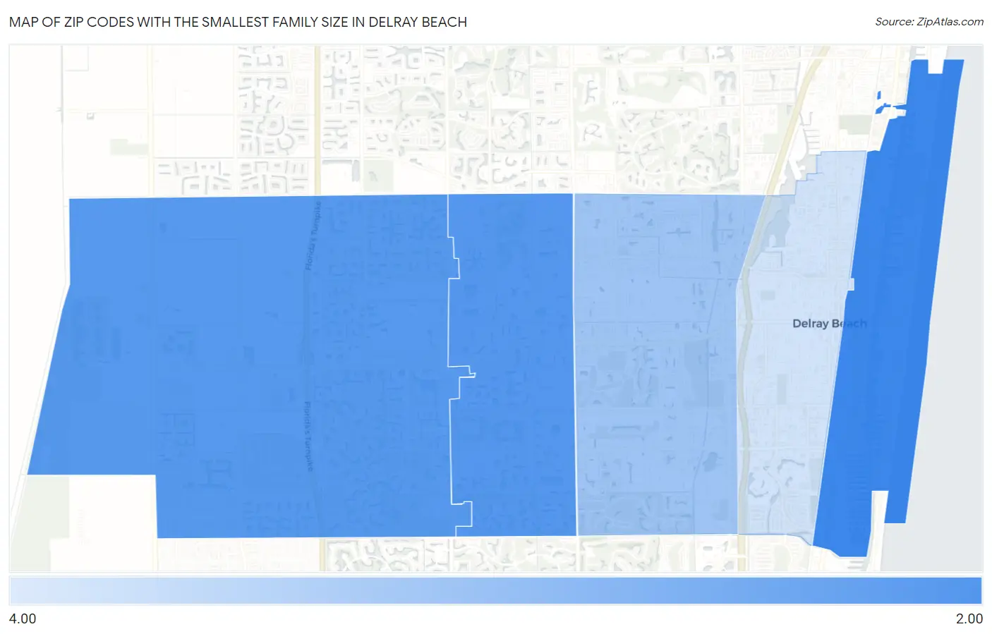 Zip Codes with the Smallest Family Size in Delray Beach Map