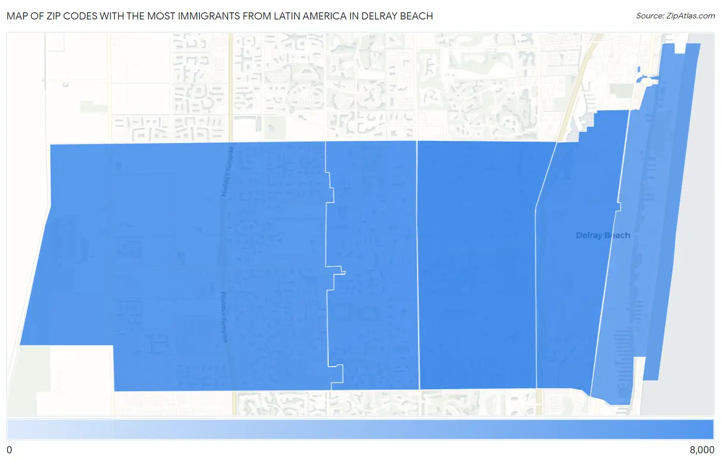 Zip Codes with the Most Immigrants from Latin America in Delray Beach Map