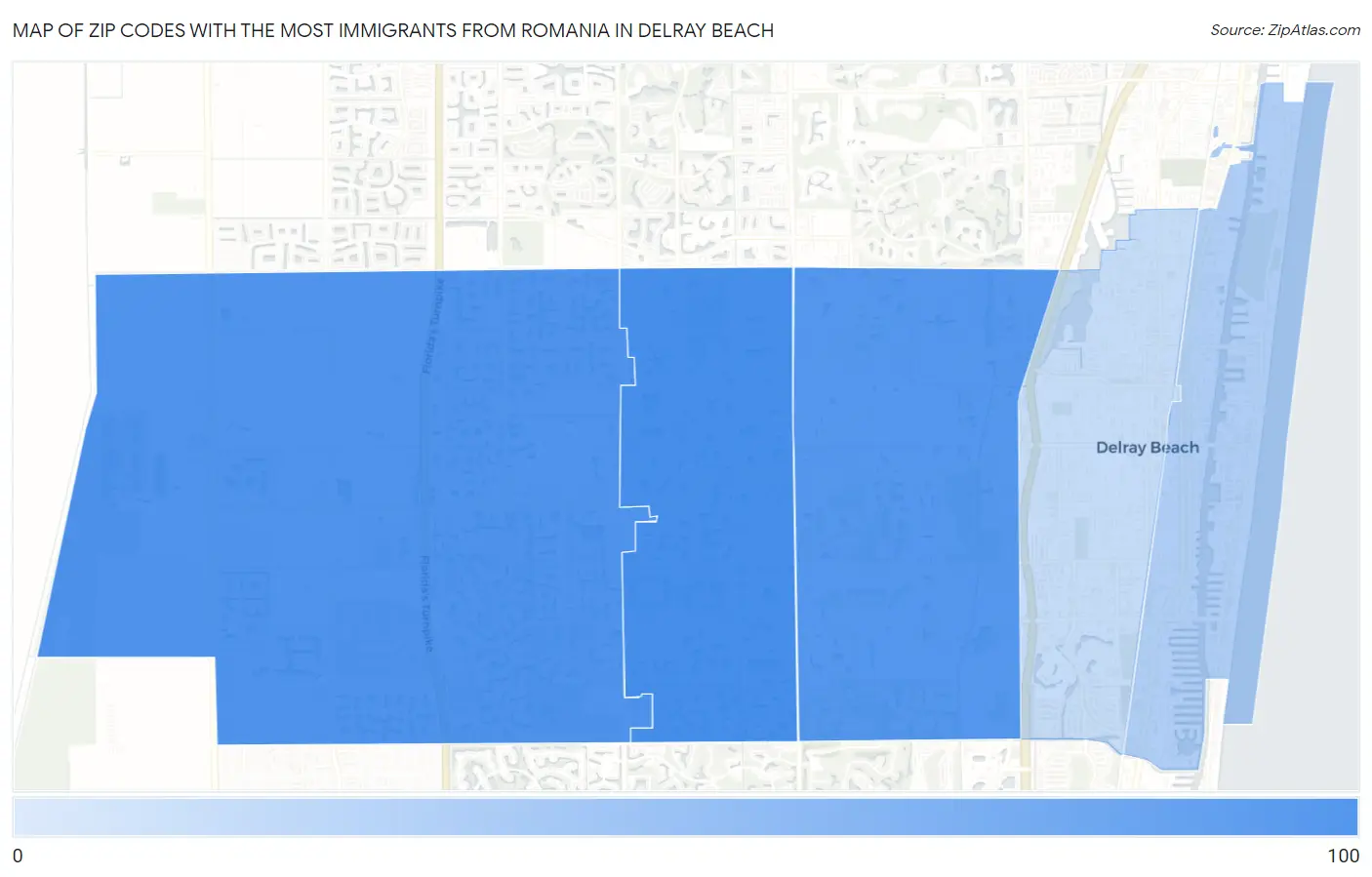 Zip Codes with the Most Immigrants from Romania in Delray Beach Map