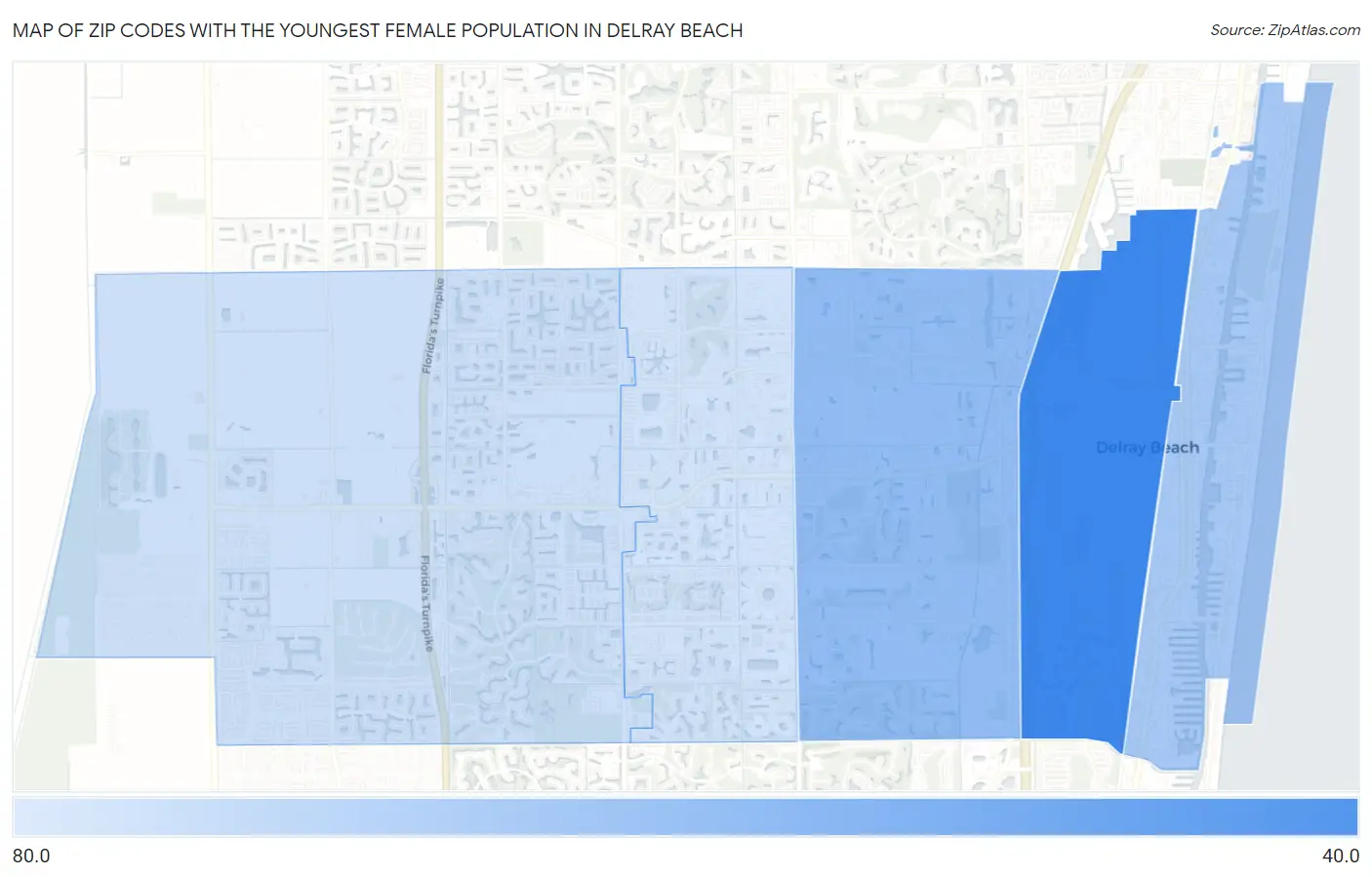 Zip Codes with the Youngest Female Population in Delray Beach Map