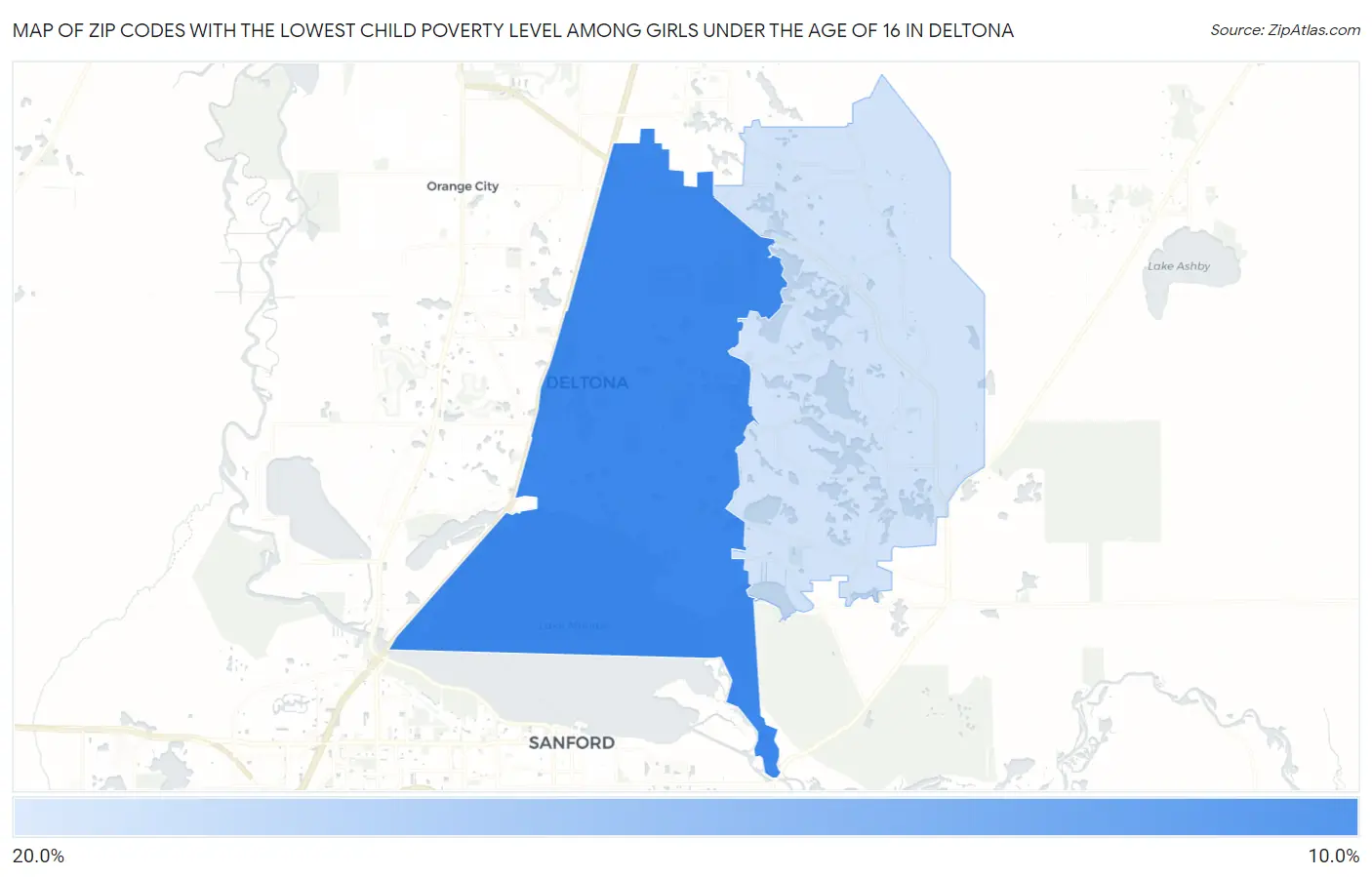 Zip Codes with the Lowest Child Poverty Level Among Girls Under the Age of 16 in Deltona Map