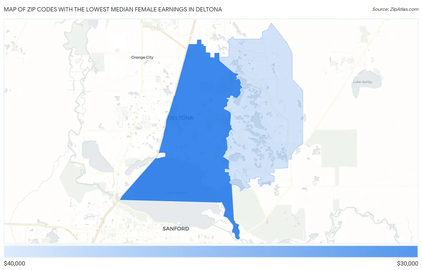 Zip Codes with the Lowest Median Female Earnings in Deltona Map