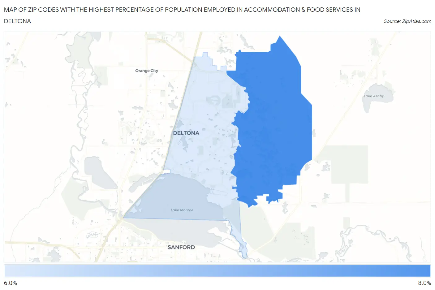 Zip Codes with the Highest Percentage of Population Employed in Accommodation & Food Services in Deltona Map