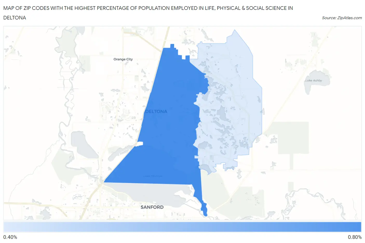 Zip Codes with the Highest Percentage of Population Employed in Life, Physical & Social Science in Deltona Map