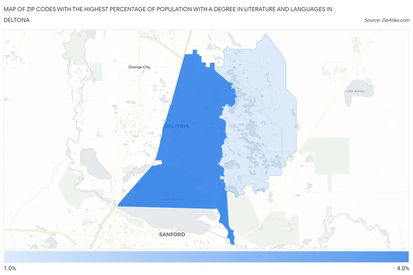 Zip Codes with the Highest Percentage of Population with a Degree in Literature and Languages in Deltona Map