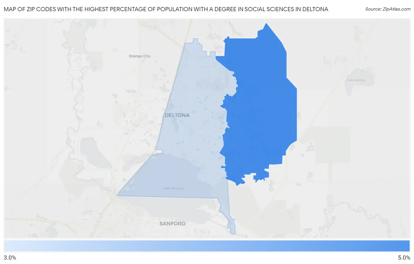 Zip Codes with the Highest Percentage of Population with a Degree in Social Sciences in Deltona Map