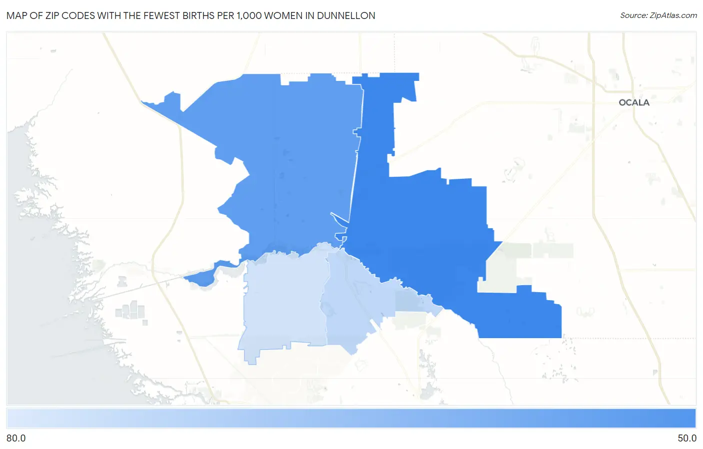 Zip Codes with the Fewest Births per 1,000 Women in Dunnellon Map
