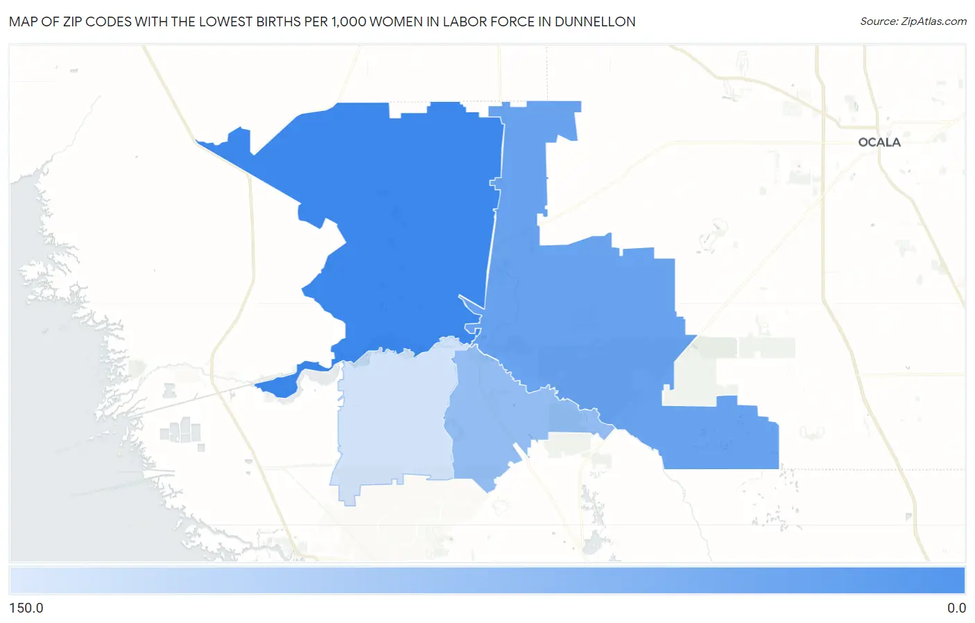 Zip Codes with the Lowest Births per 1,000 Women in Labor Force in Dunnellon Map