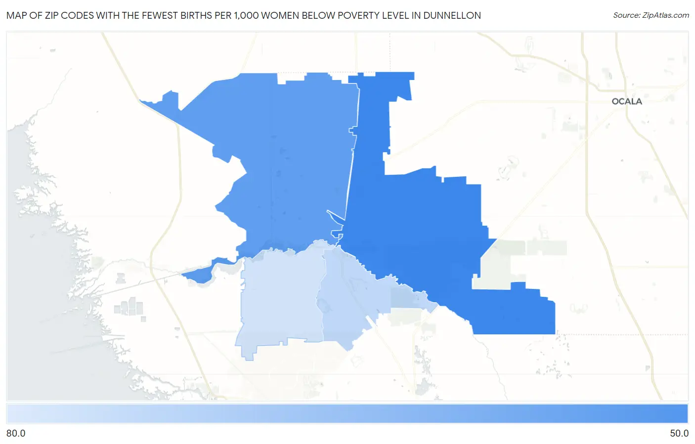 Zip Codes with the Fewest Births per 1,000 Women Below Poverty Level in Dunnellon Map
