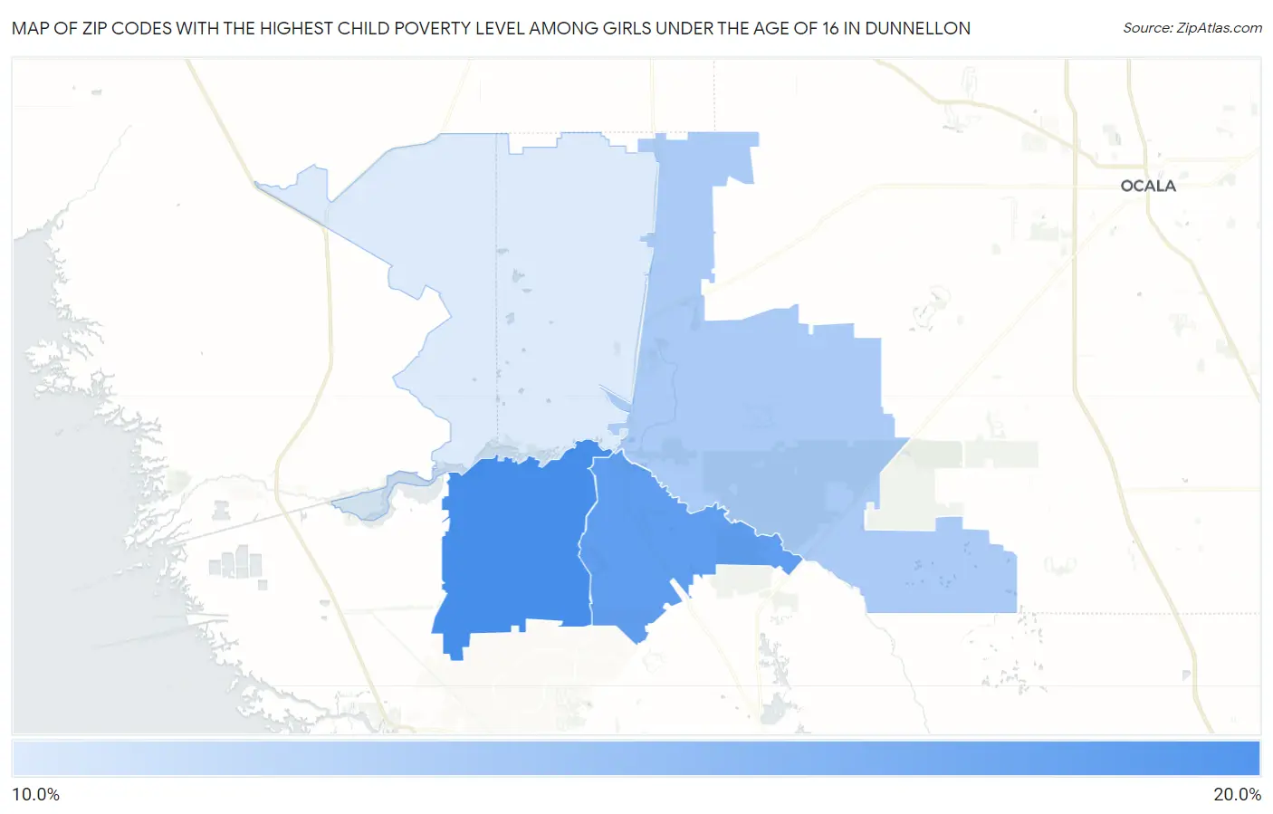 Zip Codes with the Highest Child Poverty Level Among Girls Under the Age of 16 in Dunnellon Map