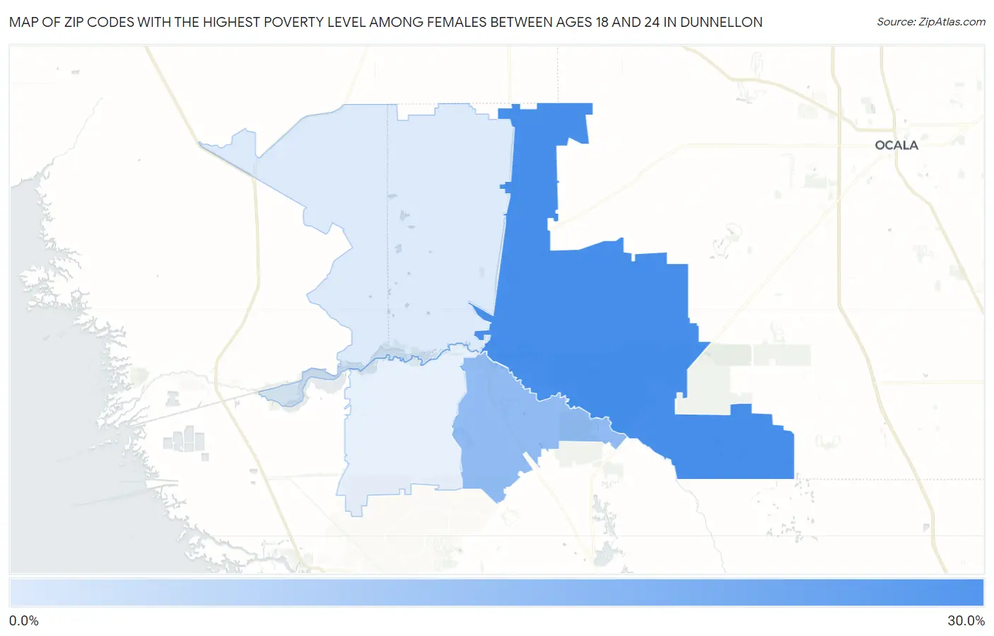 Zip Codes with the Highest Poverty Level Among Females Between Ages 18 and 24 in Dunnellon Map