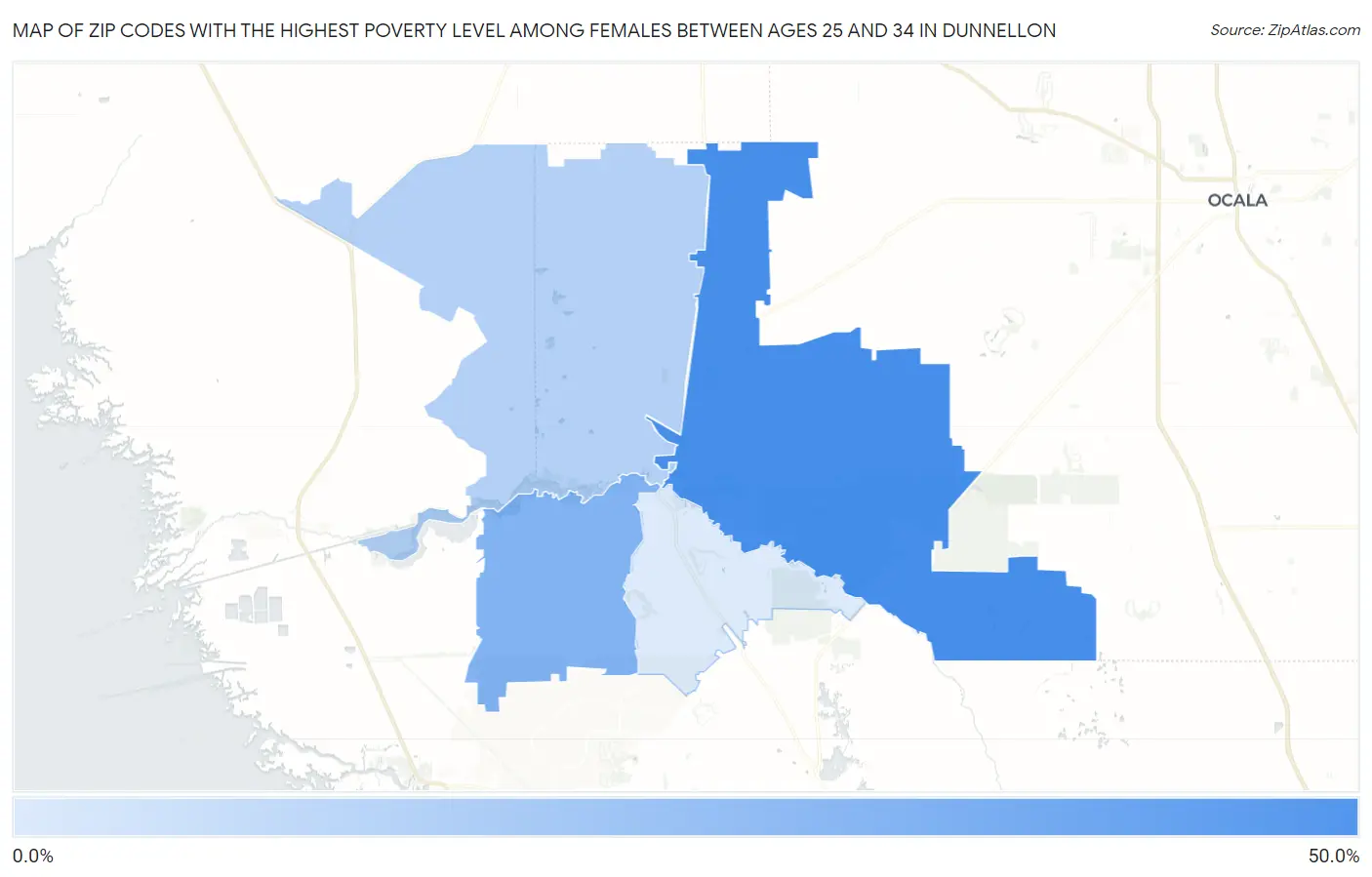 Zip Codes with the Highest Poverty Level Among Females Between Ages 25 and 34 in Dunnellon Map