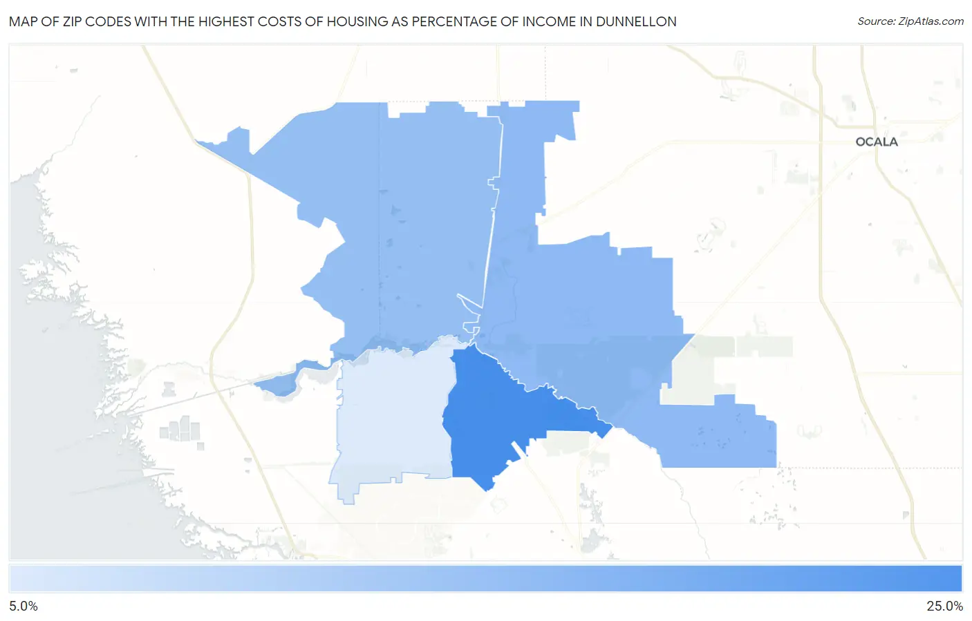 Zip Codes with the Highest Costs of Housing as Percentage of Income in Dunnellon Map