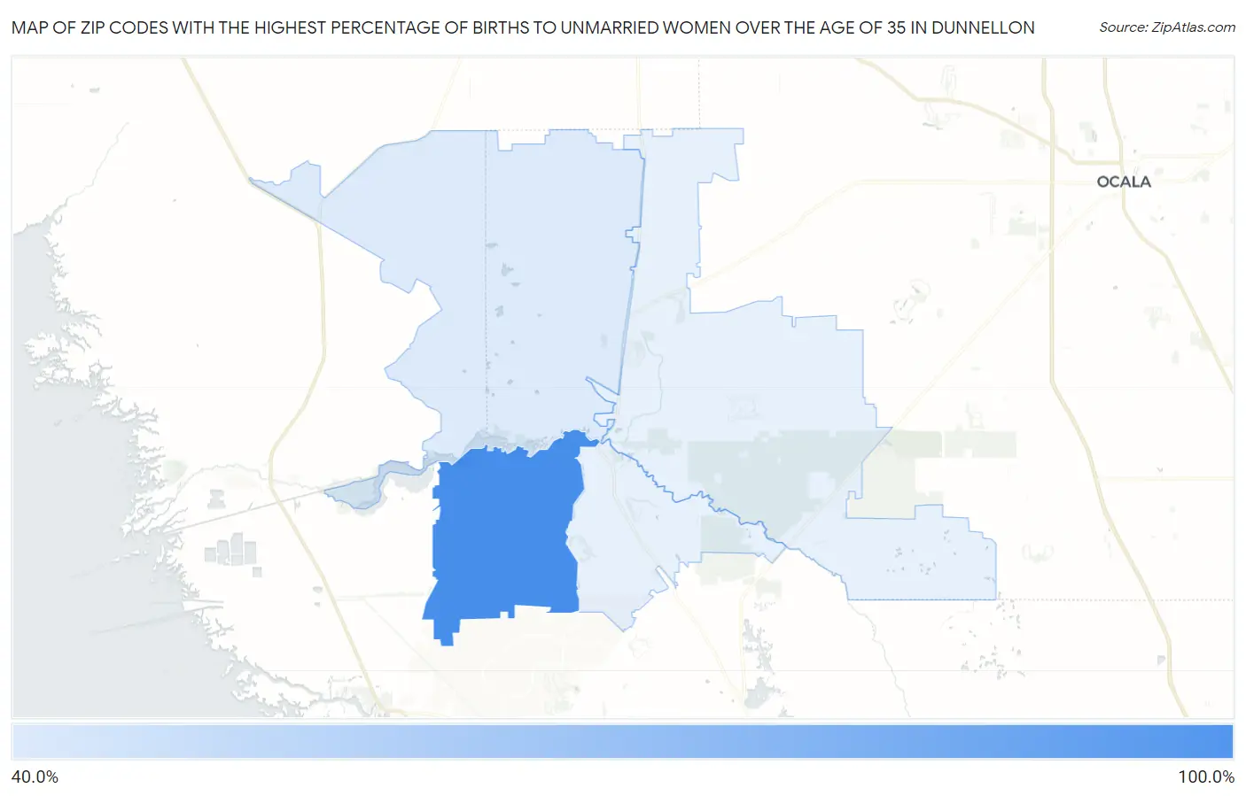 Zip Codes with the Highest Percentage of Births to Unmarried Women over the Age of 35 in Dunnellon Map