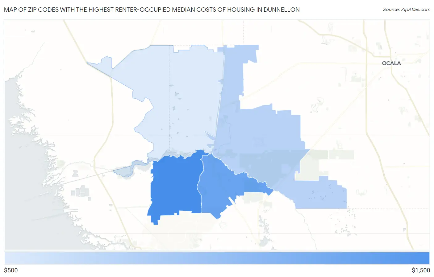 Zip Codes with the Highest Renter-Occupied Median Costs of Housing in Dunnellon Map